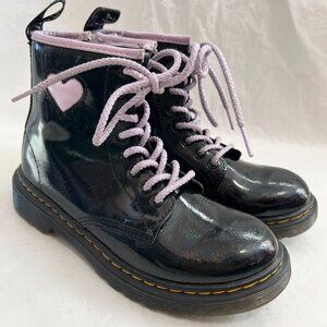 Dr Martens 1460 J Boots black patent leather kids 2 purple heart glitter docs